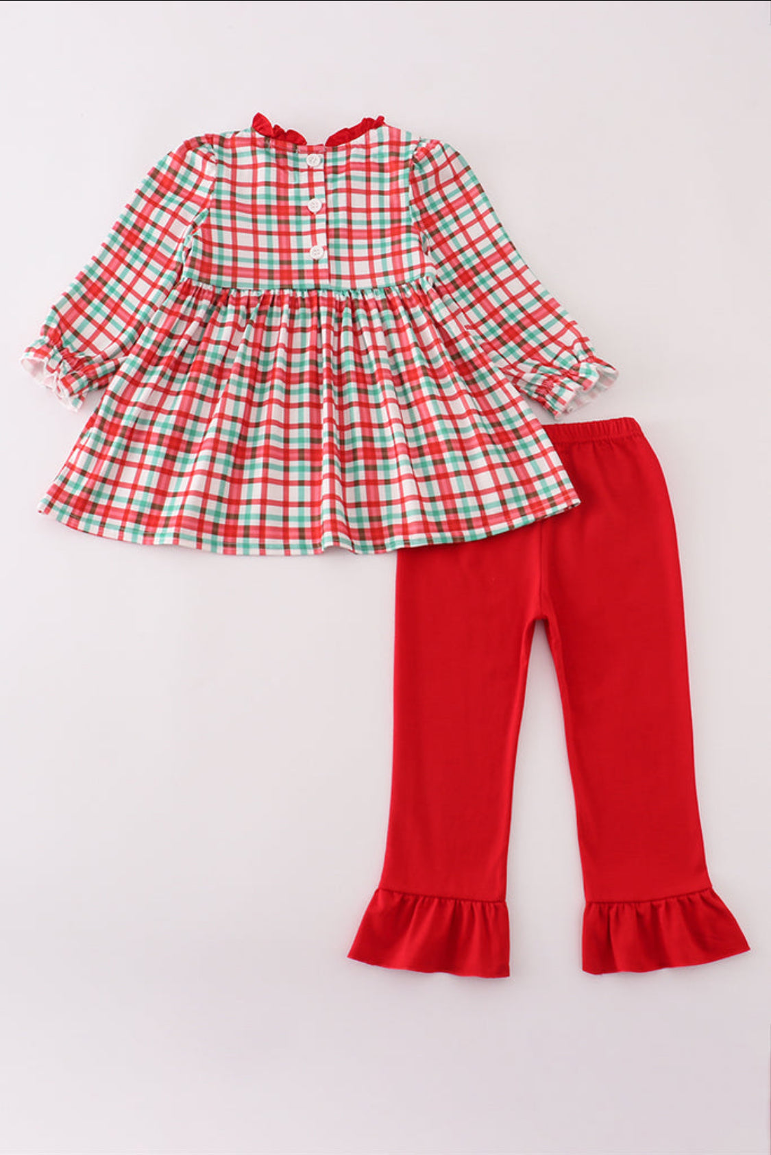 Red Santa Claus Embroidery Plaid Ruffle Girl’s Pants Set