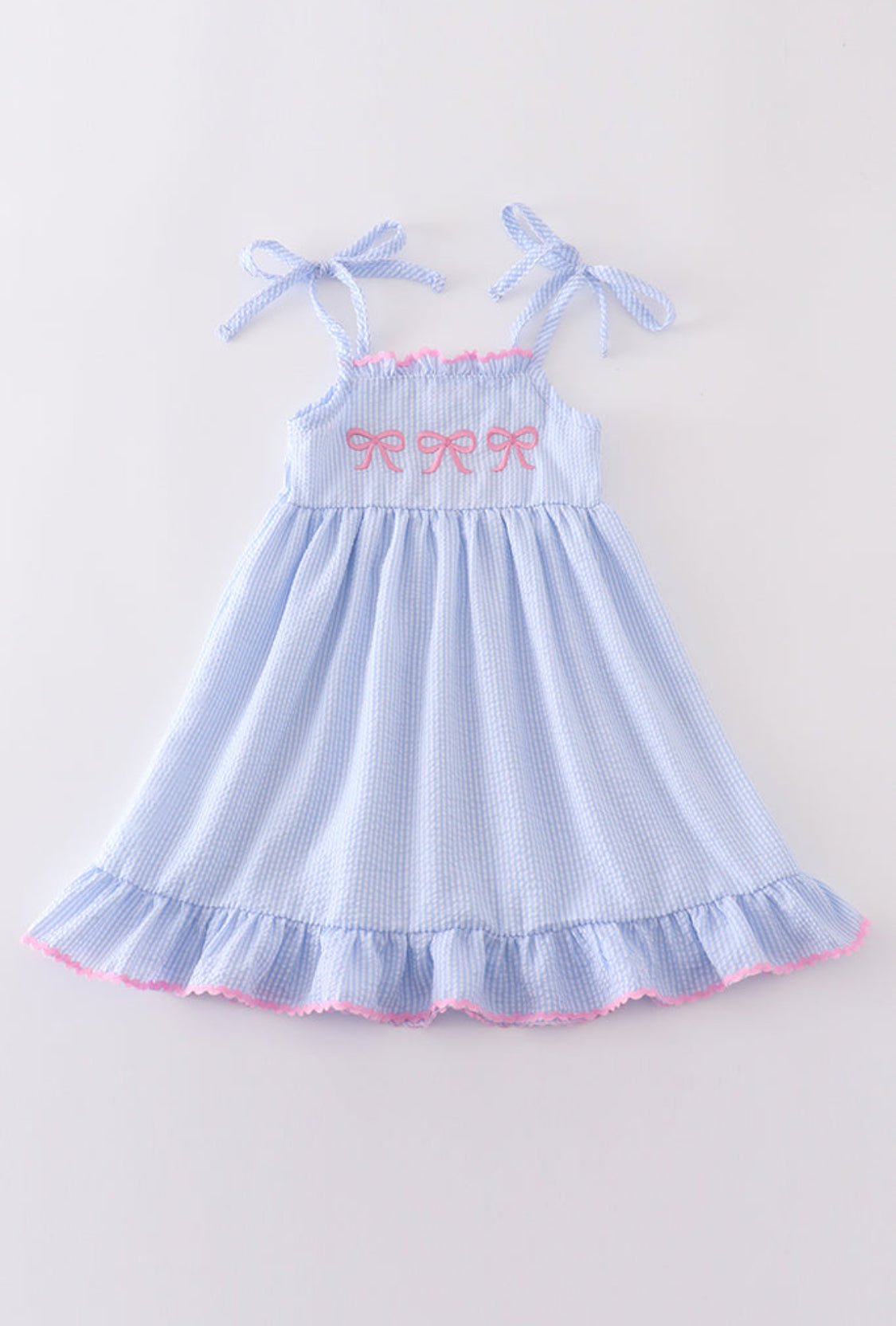 Blue Stripe Seersucker Bow Embroidery Girl’s Dresd