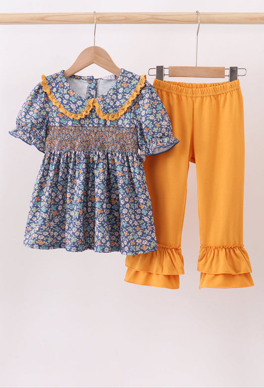 Navy Floral Smocked Ruffle Girl’s Pants Set