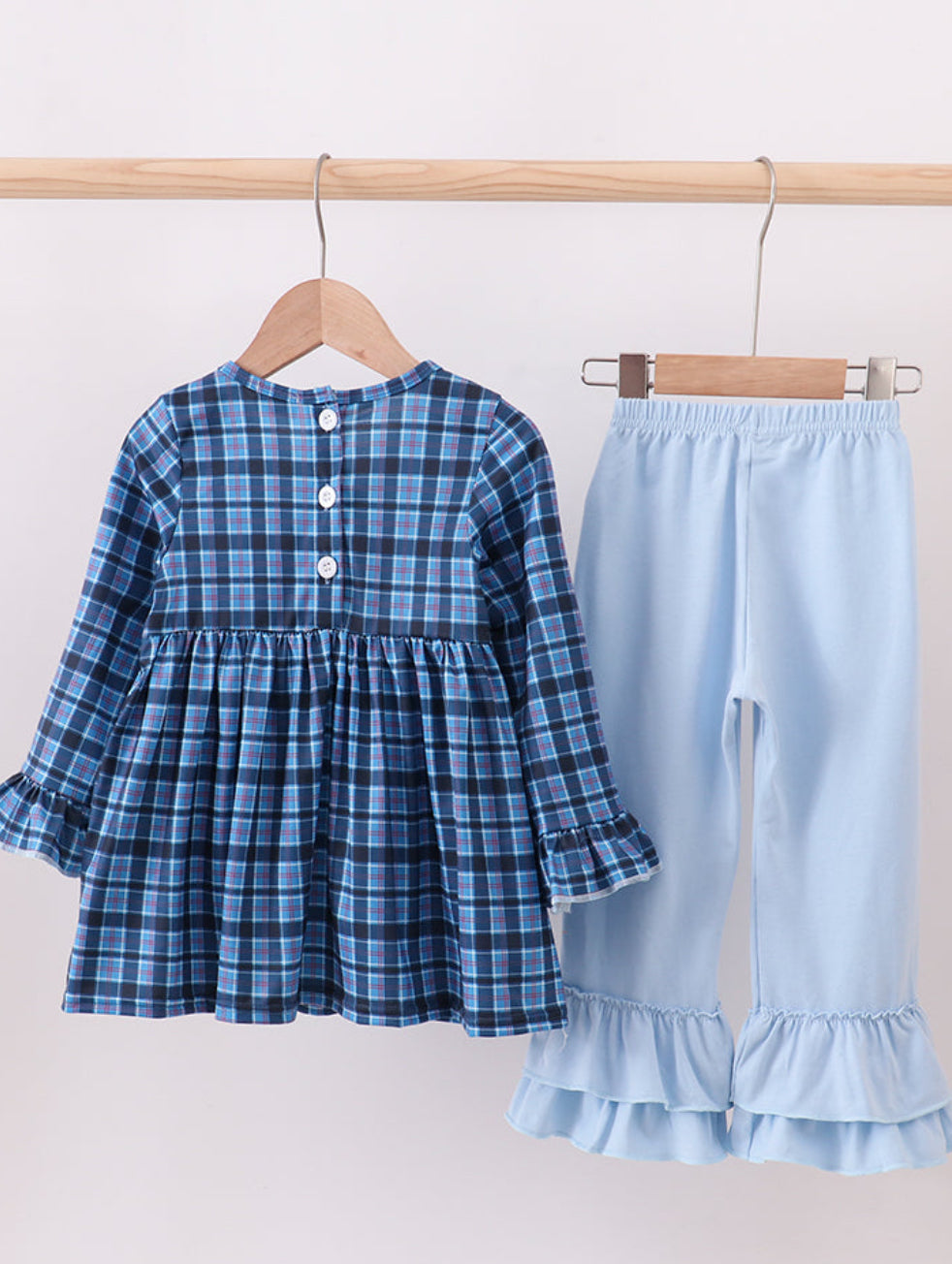 Navy Nativity Embroidery Plaid Ruffle Girl’s Pants Set