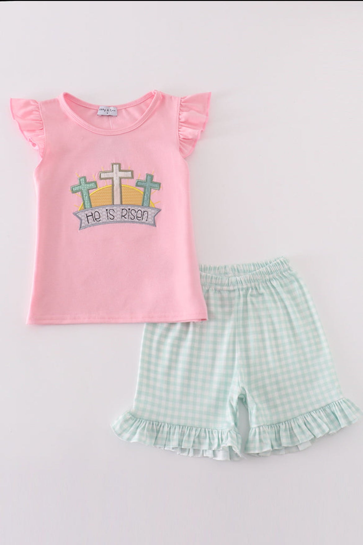 Pink Easter “He is Risen”Appliqué Girl’s Short Set