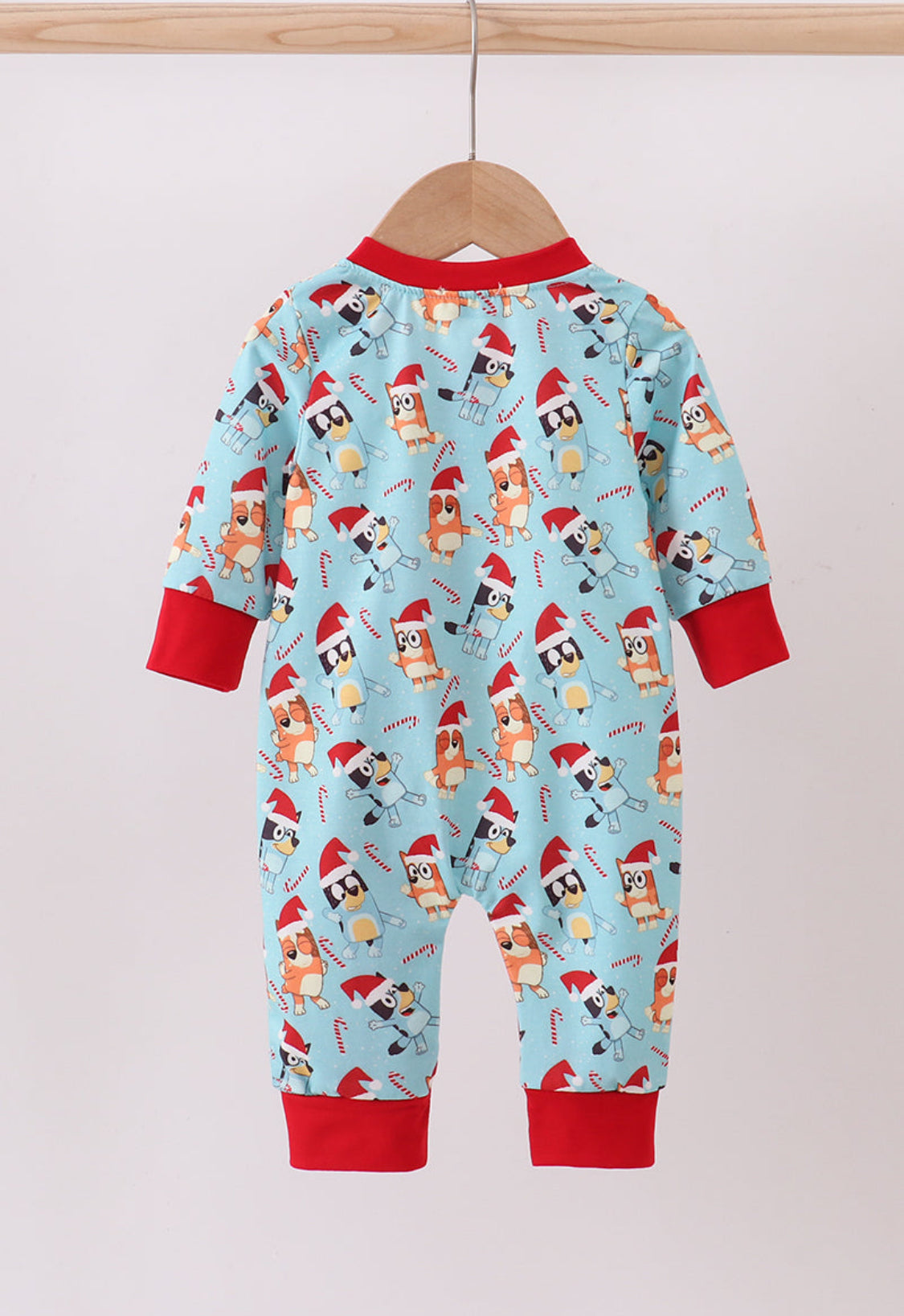 Blue Christmas Character Print Ruffle Girl’s Romper Pajamas