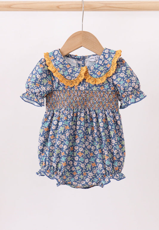 Navy Floral Smocked Ruffle Girl’s Bubble