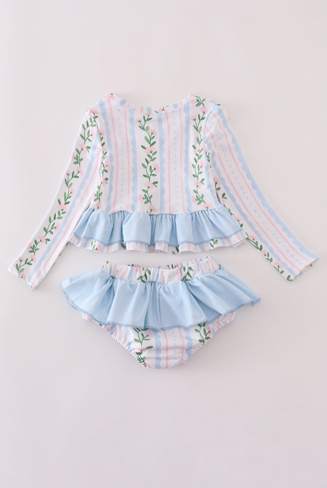 Blue Floral Print Ruffle 2pc Rashguard, UPF50+ Girl’s Swimsuit