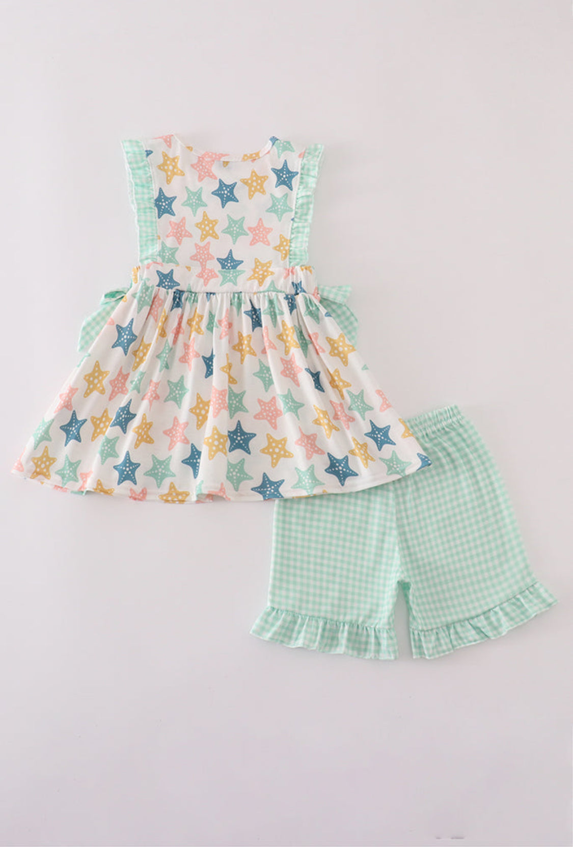 Blue Seashell Bow Ruffle Girl’s Short Set