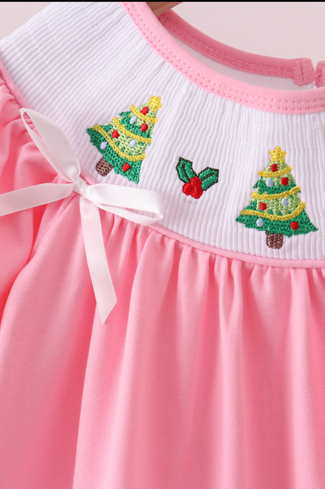 Pink Christmas Tree Smocked Ruffle Girl’s Pants Set