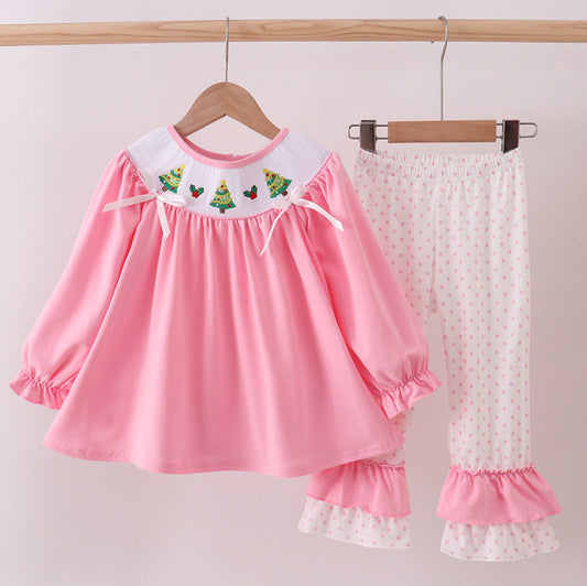 Pink Christmas Tree Smocked Ruffle Girl’s Pants Set