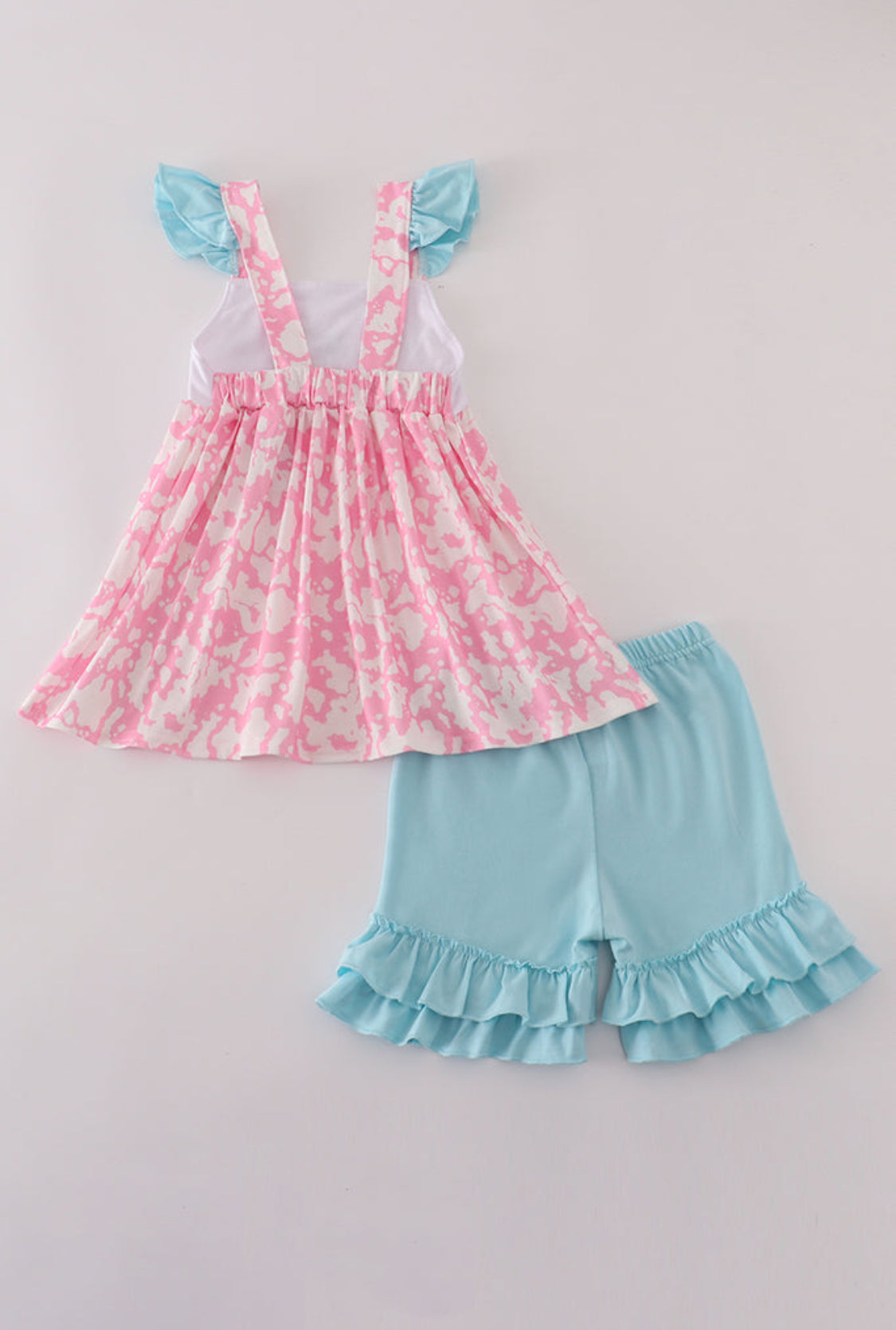Pink Strawberry Milk Cow Embroidery Girl’s Ruffle Short Set