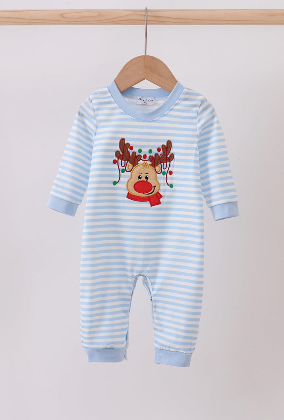 Blue Stripe Reindeer Applique Boy’s Romper