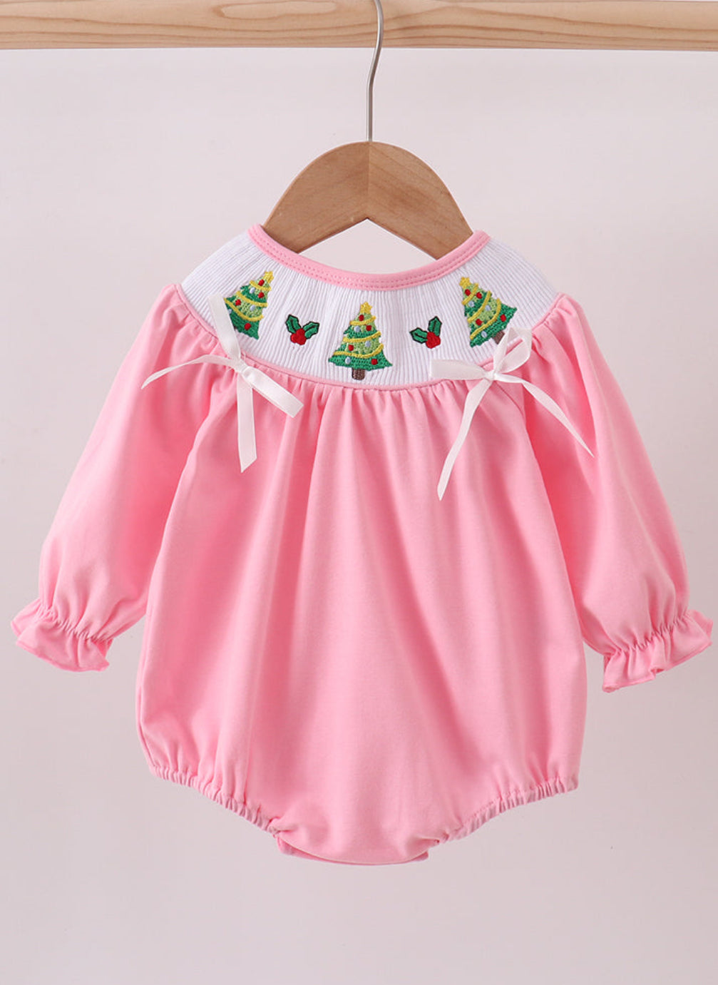Pink Christmas Tree Smocked Girl’s Bubble