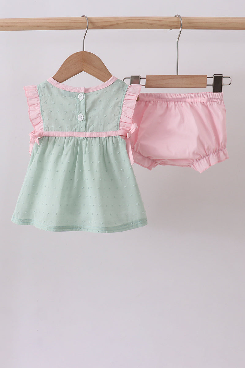 Green swiss dot cross sheep ruffle bloomer set