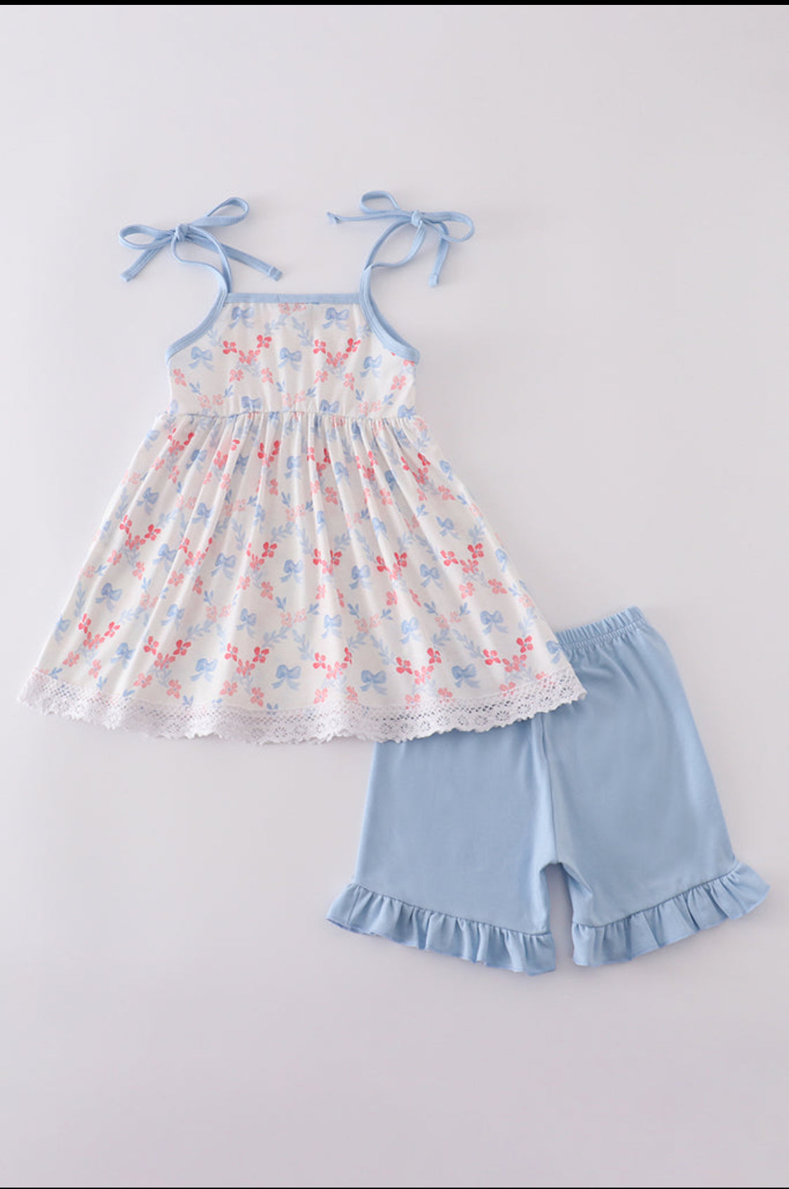 Blue bow Lattice Print Girl’s Short Set