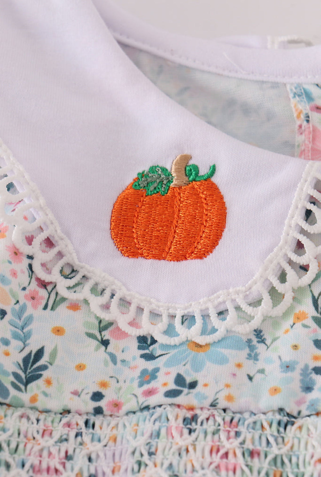 Green Floral Pumpkin Embroidery Smocked Girl’s Bloomer Set