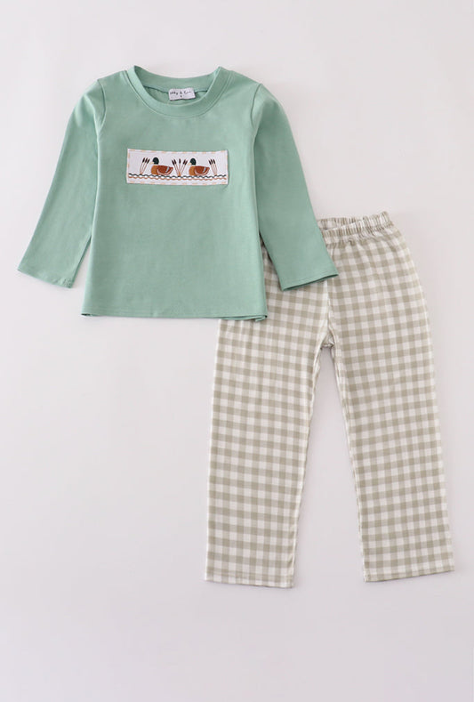 Green Duck Embroidery Boy’s Pants Set