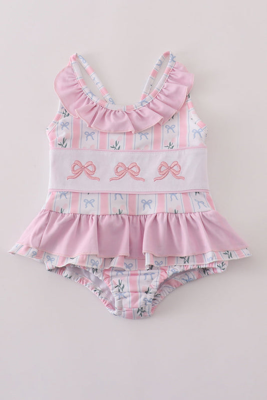 Pink Bow Embroidery Swimsuit Set UPF50+