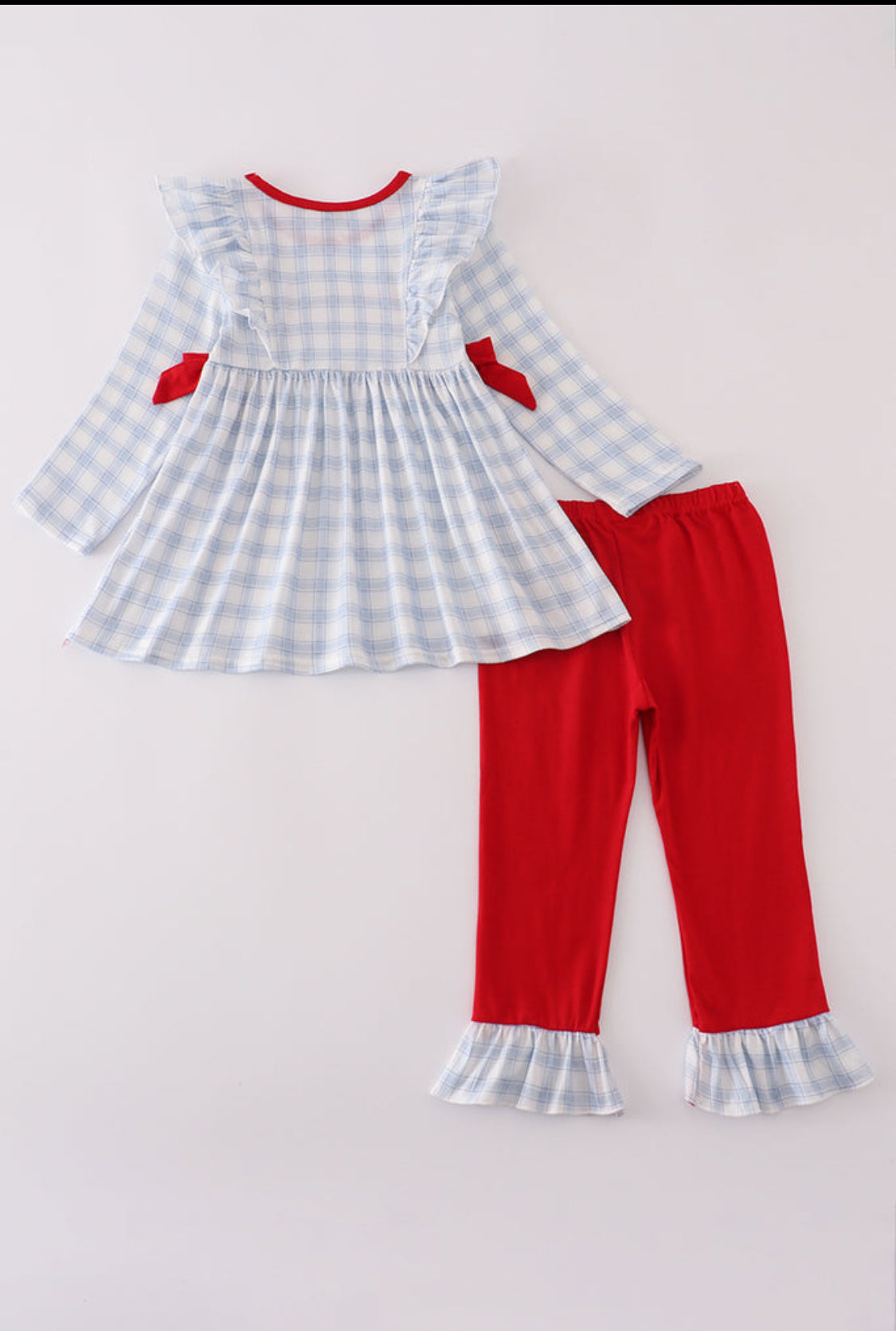 Blue Farm Embroidery Plaid Ruffle Girl’s Pants Set