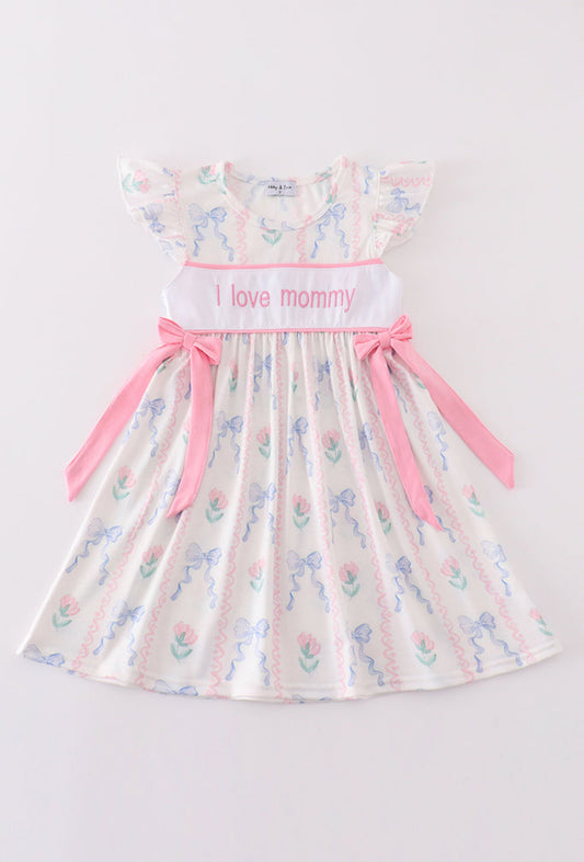 Pink Bow I Love Mommy Embroidery Girl’s Dress