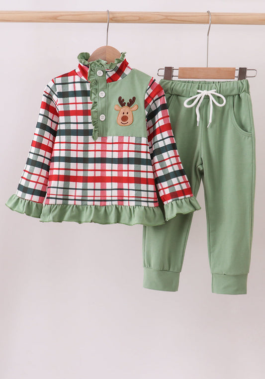 Green Christmas Reindeer Appliqué Girl’s Pants Set