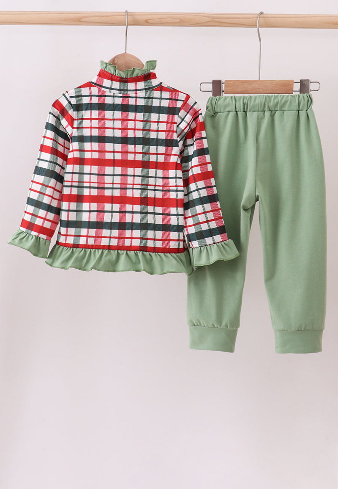 Green Christmas Reindeer Appliqué Girl’s Pants Set