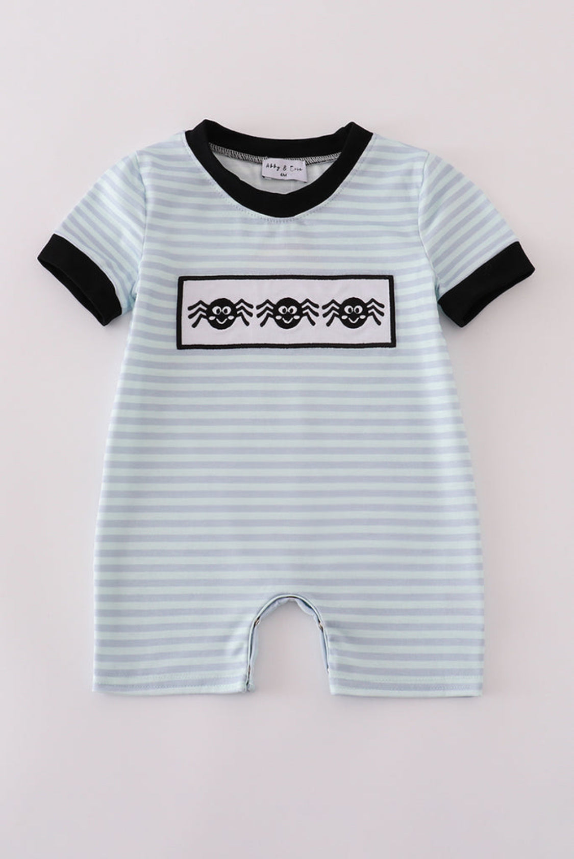 Blue Halloween Spider Embroidery Stripe Boy’s Romper