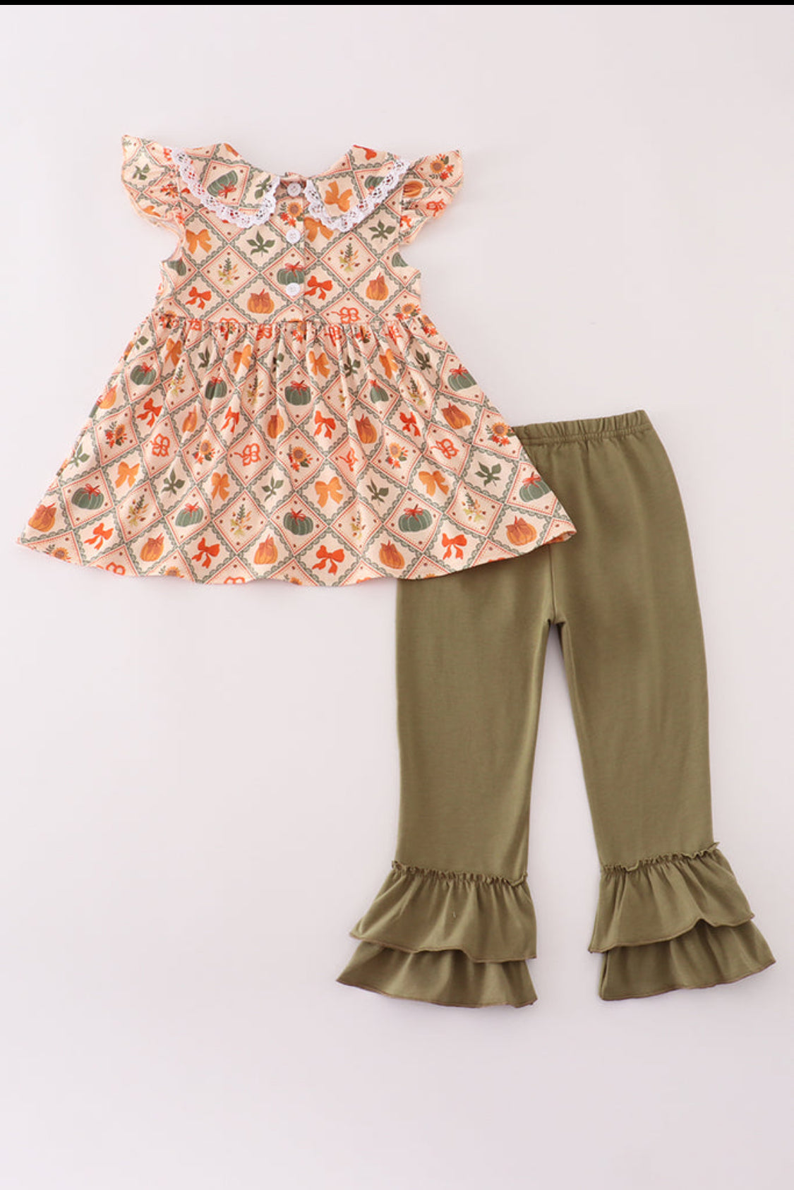 Green Pumpkin Bow Print Ruffle Girl’s Pants Set