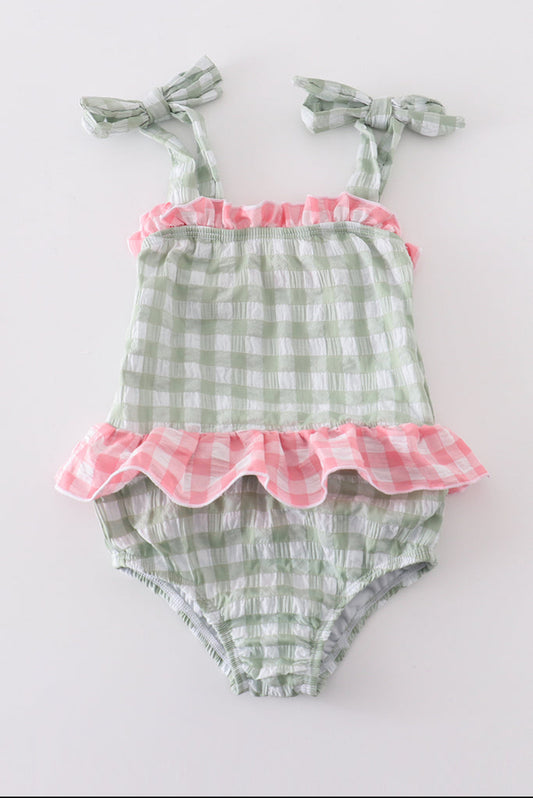 Green Seersucker Gingham 1pc Girl’s Swimsuit