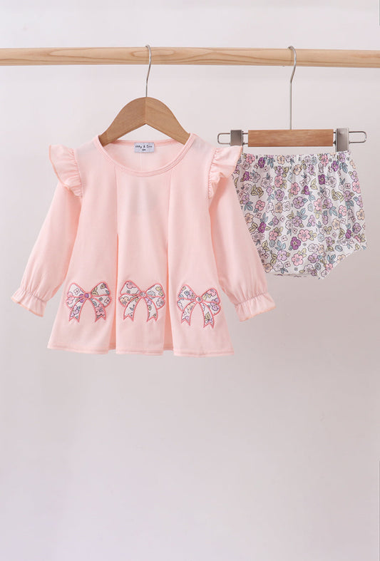 Pink Floral Bow Appliqué Girl’s Bloomer Set