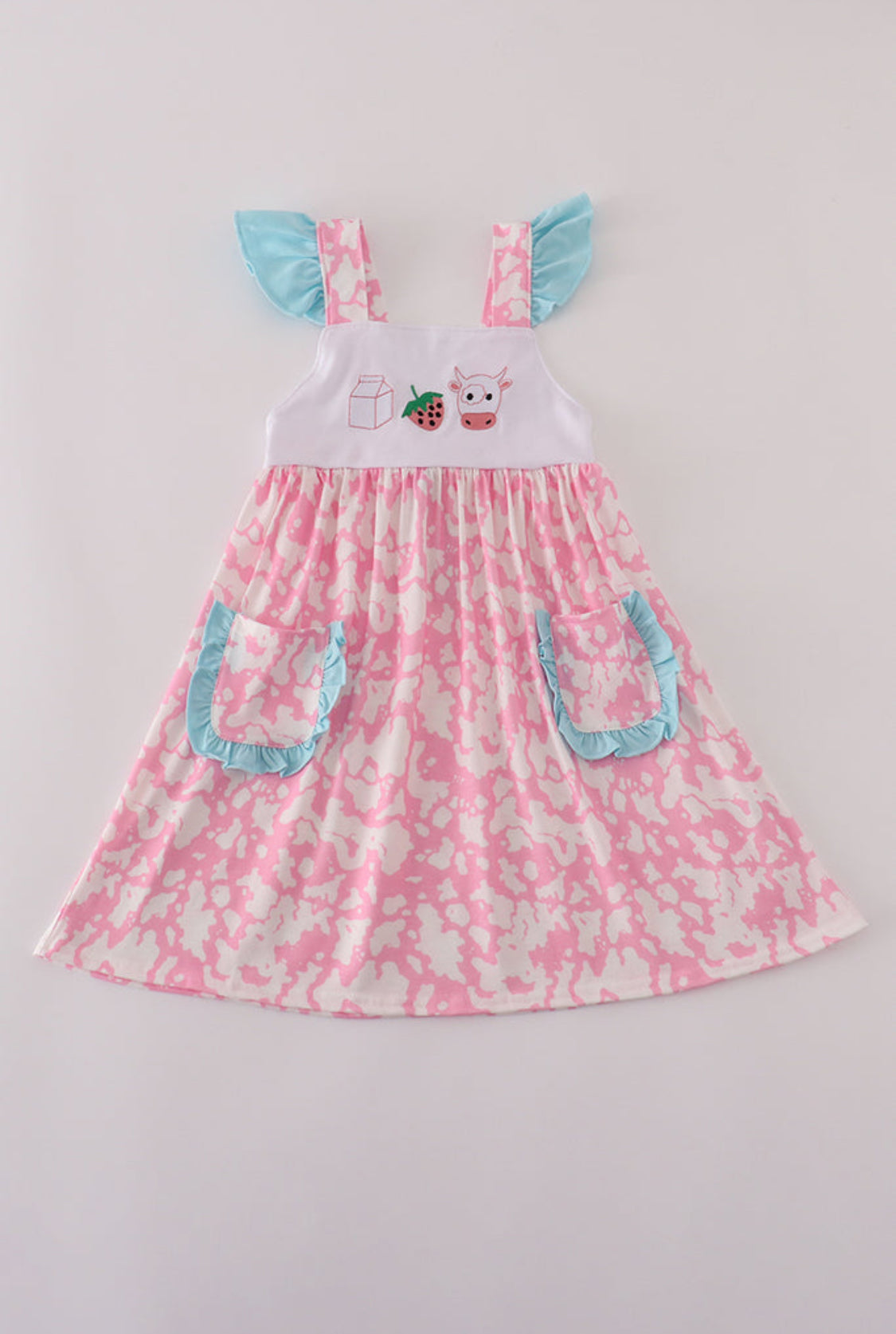 Pink Stawberry Milk Cow Embroidery Ruffle Dress