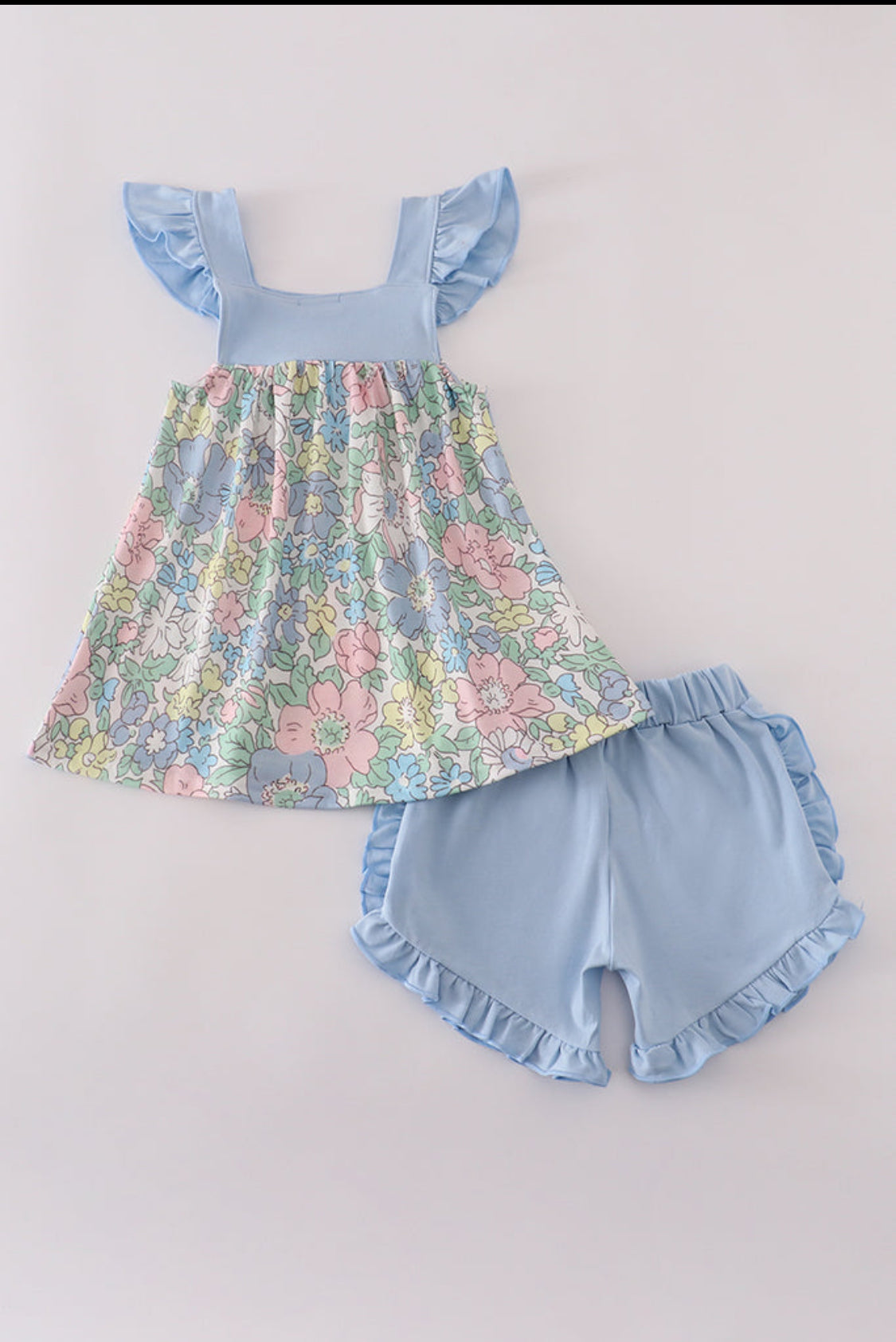 Blue Floral Print Girl’s Ruffle Shorts Set