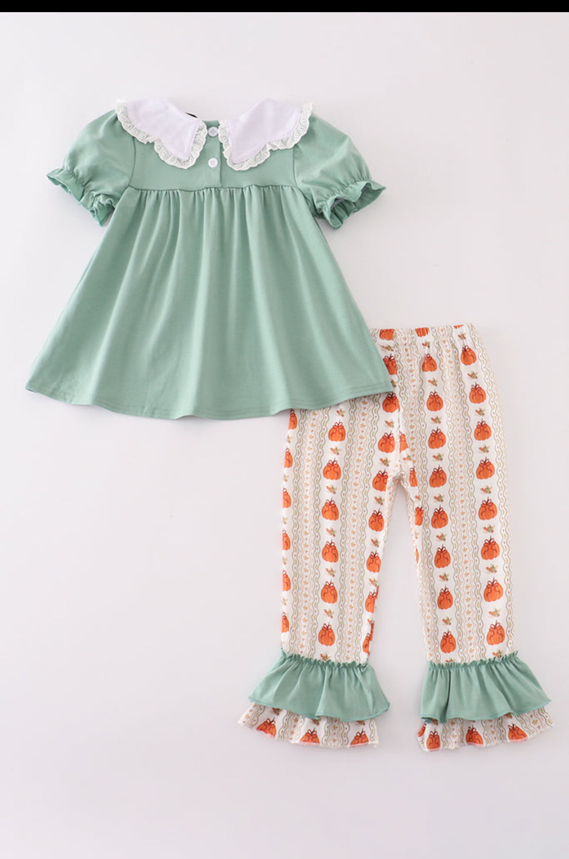 Green Pumpkin Bow Embroidery Ruffle Girl’s Pants Set