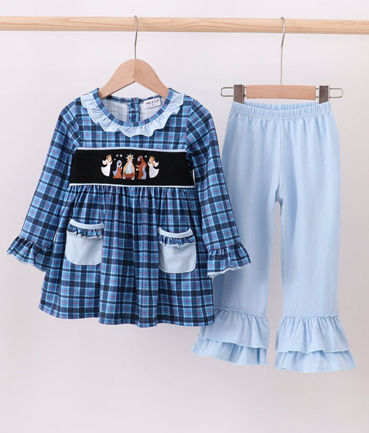 Navy Nativity Embroidery Plaid Ruffle Girl’s Pants Set