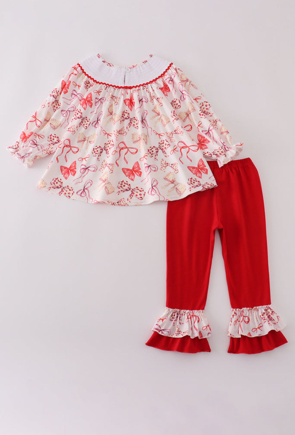 Red Bow Smocked Ruffle Girl’s Pants Set