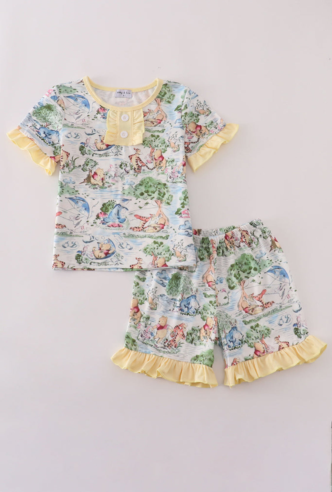 Yellow Character Print Girl’s Ruffle Short Set