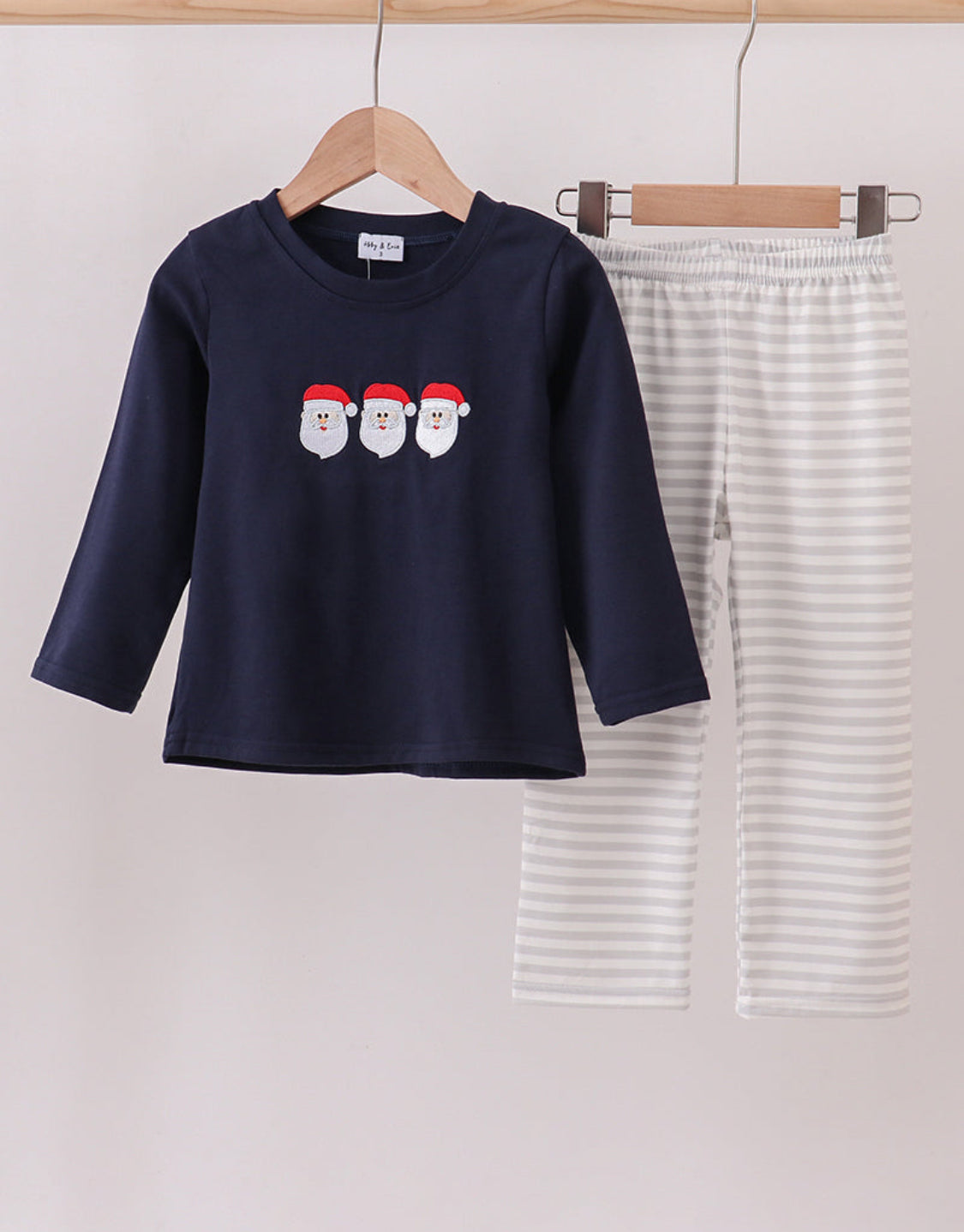 Navy Christmas Santa Claus Embroidery Stripe Boy’s Pants Set