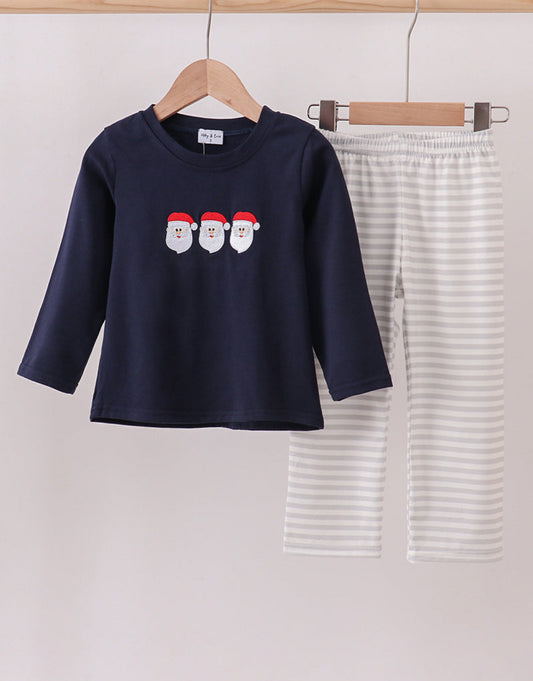 Navy Christmas Santa Claus Embroidery Stripe Boy’s Pants Set