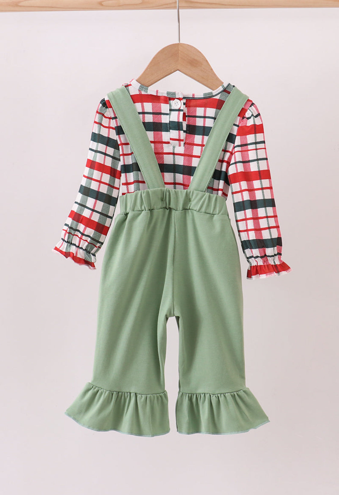 Green Christmas Reindeer Appliqué Ruffle Girl’s Jumpsuit Set