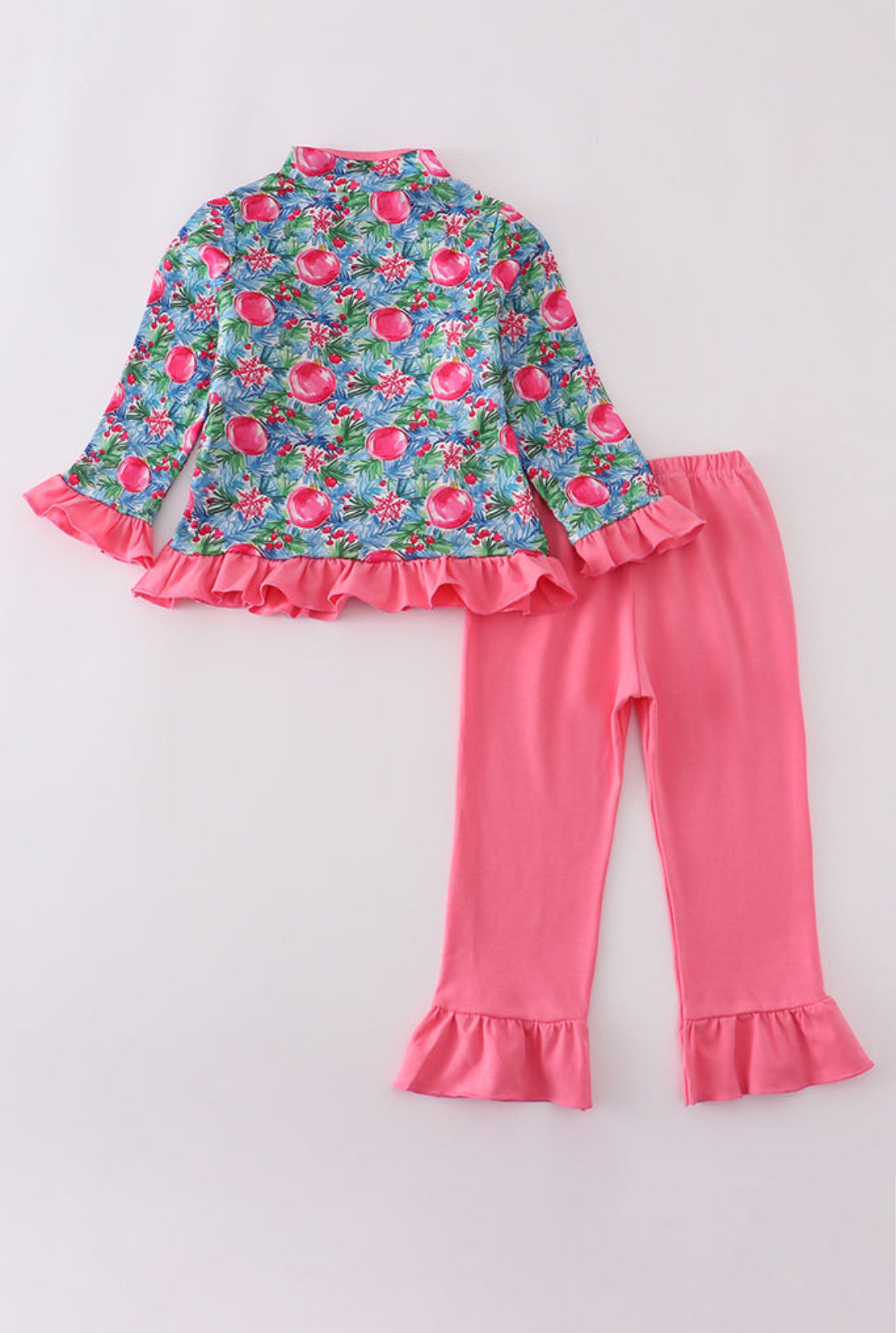 Blue Christmas Tree Smocked Ruffle Girl’s Pants Set