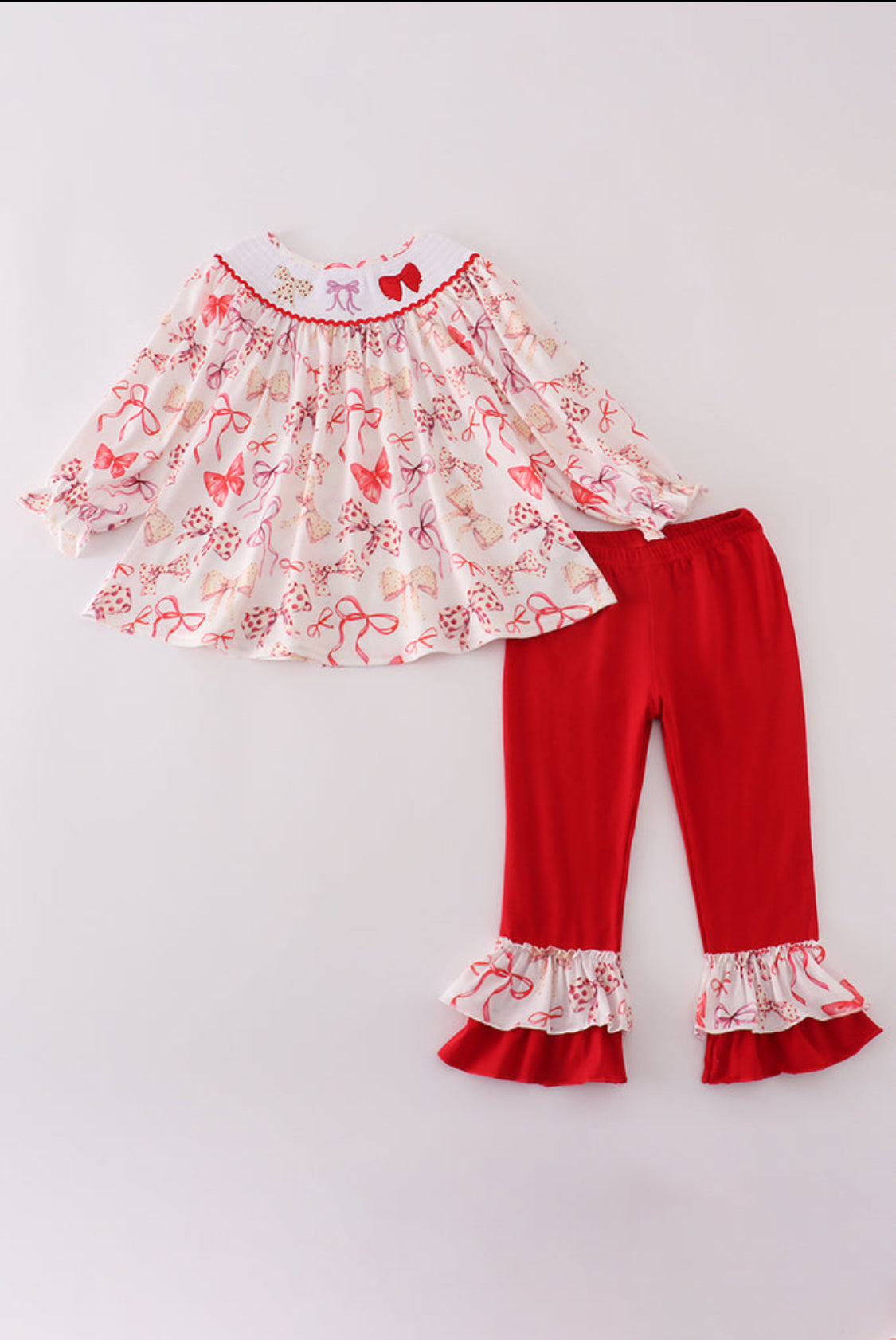 Red Bow Smocked Ruffle Girl’s Pants Set