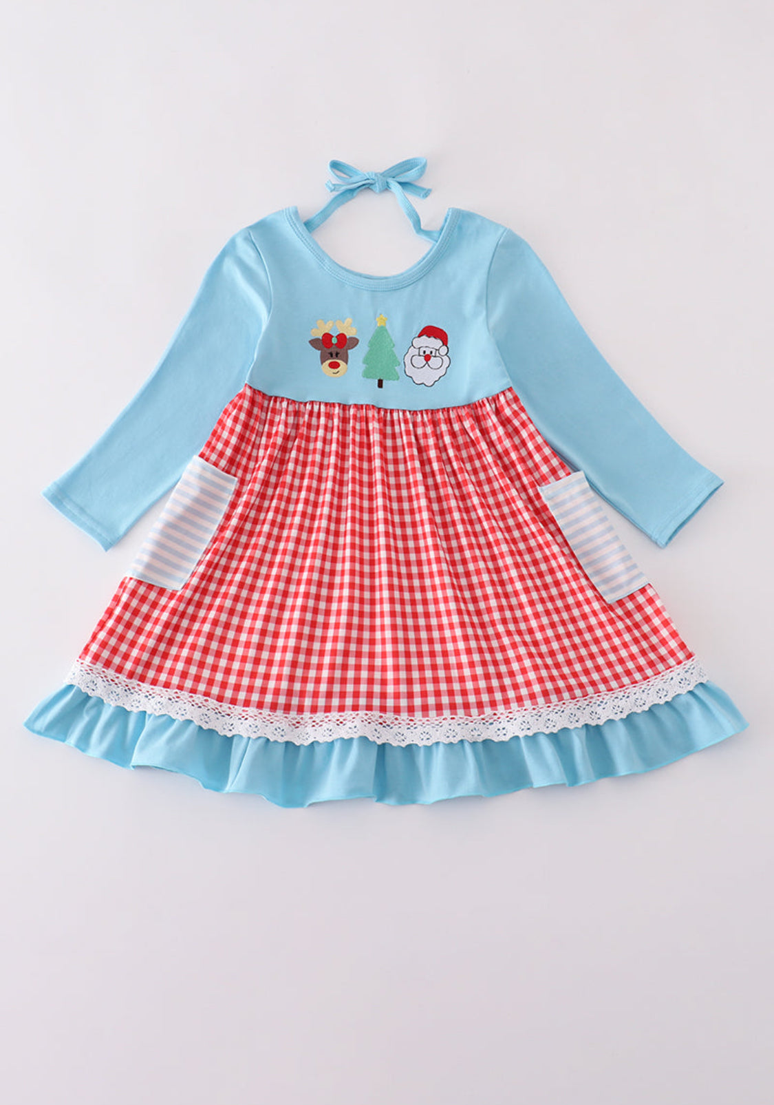 Blue Deer Tree Santa Embroidery Ruffle Dress
