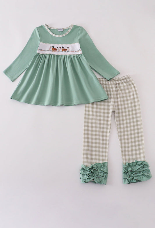 Green Duck Embroidery Ruffle Girl’s Pants Set