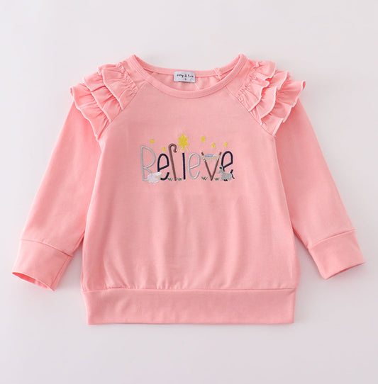 Pink BELIEVE Embroidery Ruffle Girl’s Top