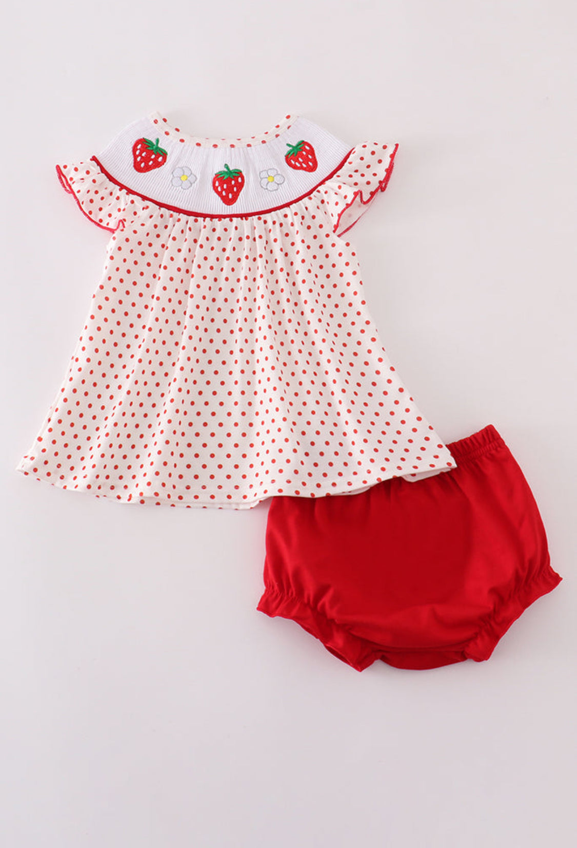 Red Dot Strawberry Embroidery Smocked Girl’s Bloomer Set