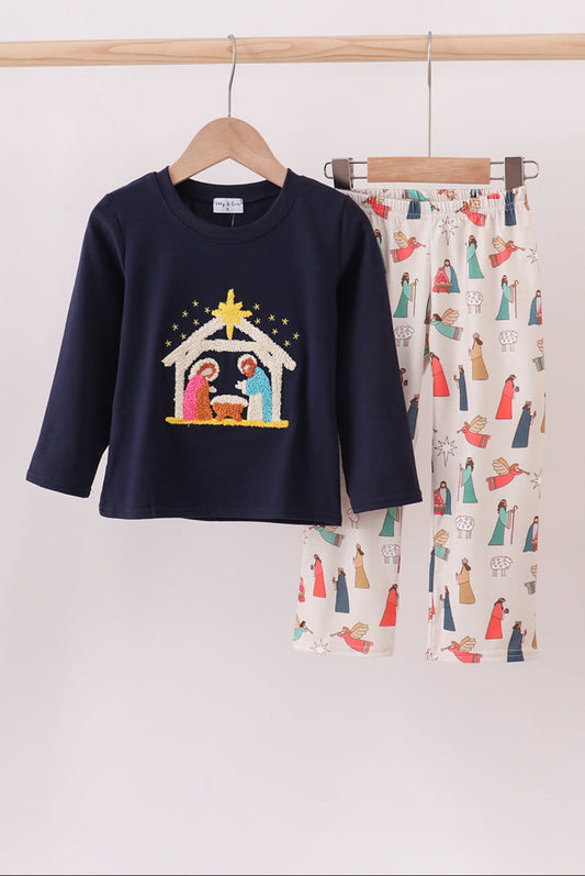 Navy Nativity French Knot Boy’s Pants Set
