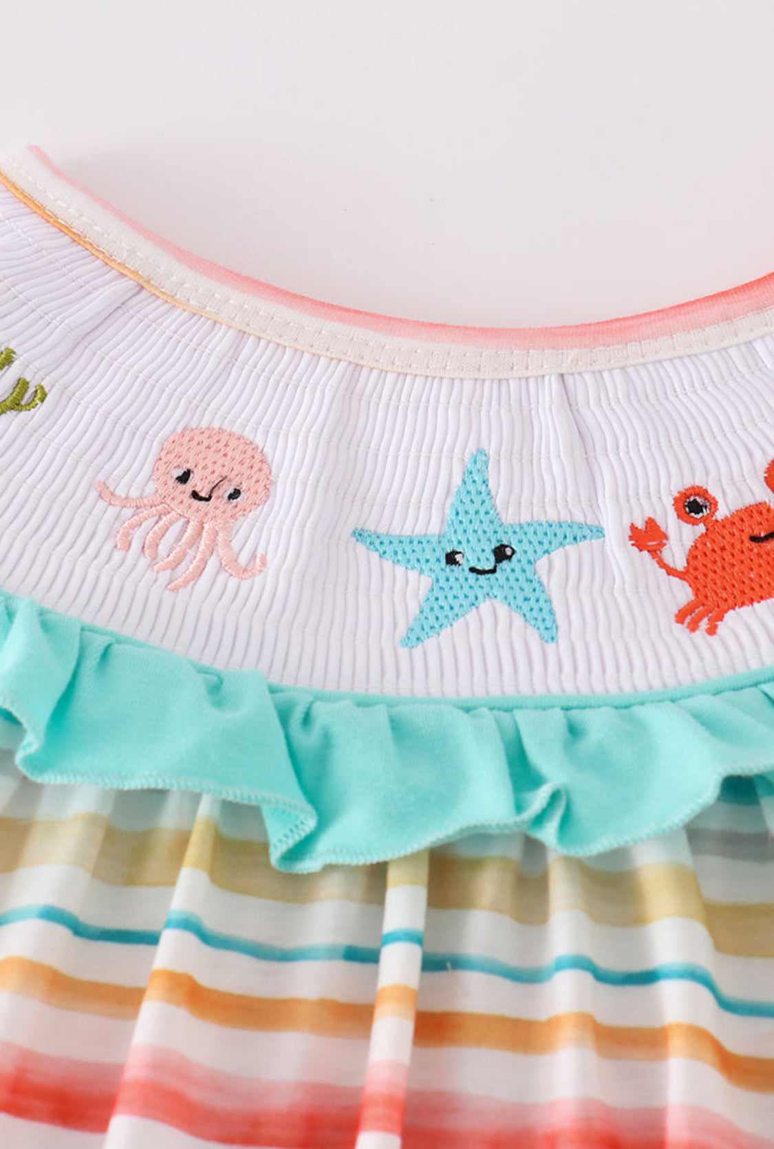 Rainbow Stripe Marine Creature Embroidery Smocked Girl’s Shorts Set