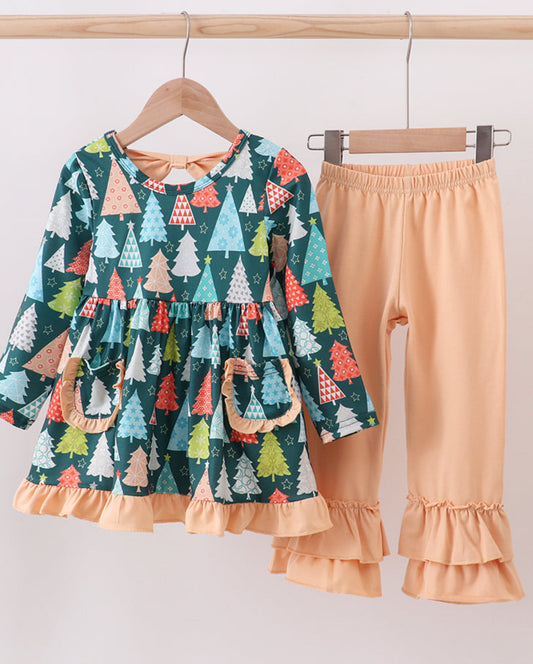 Green Tree Print Ruffle Girl’s Pants Set