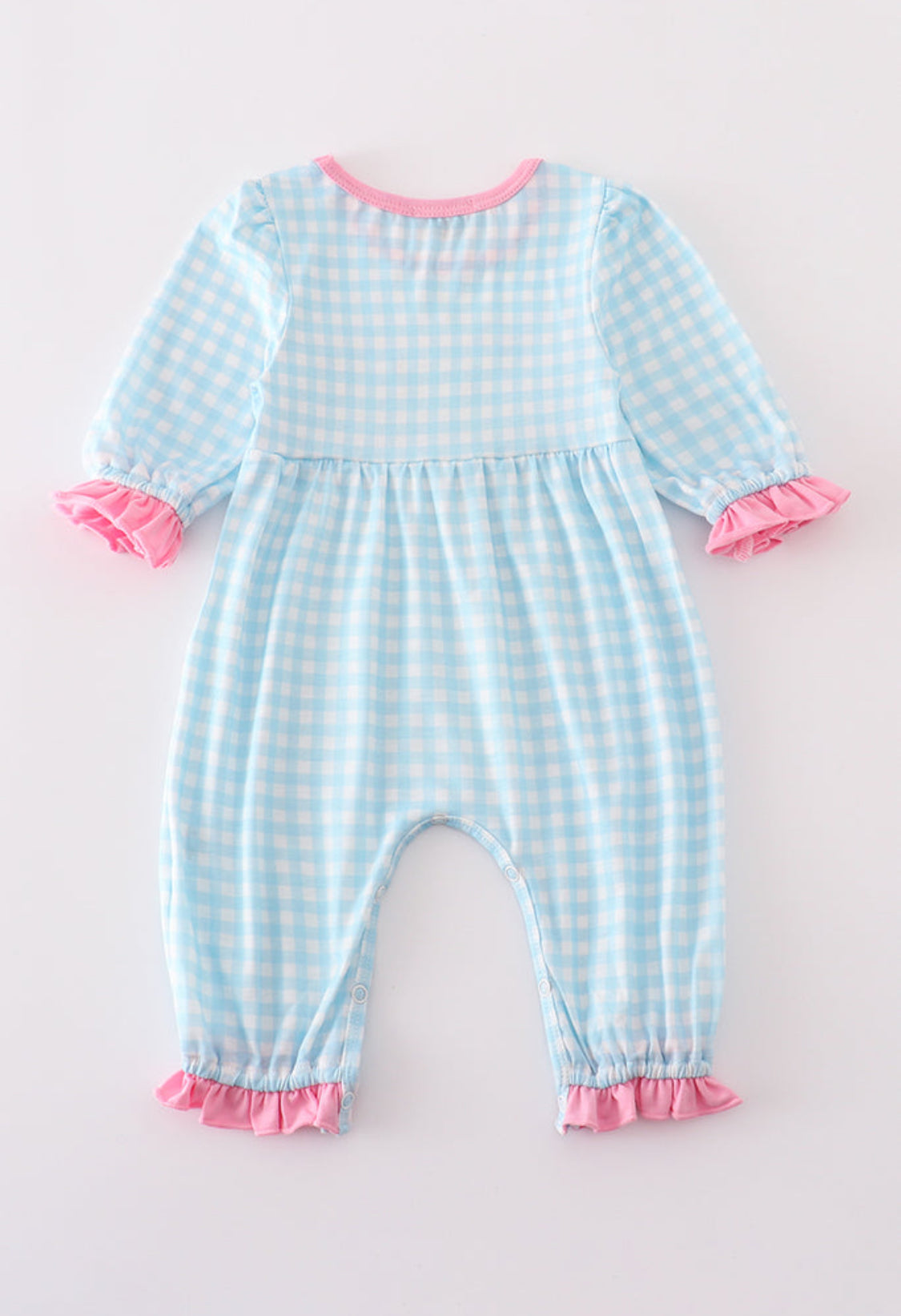 Blue Farm Embroidery Gingham Ruffle Girl’s Romper