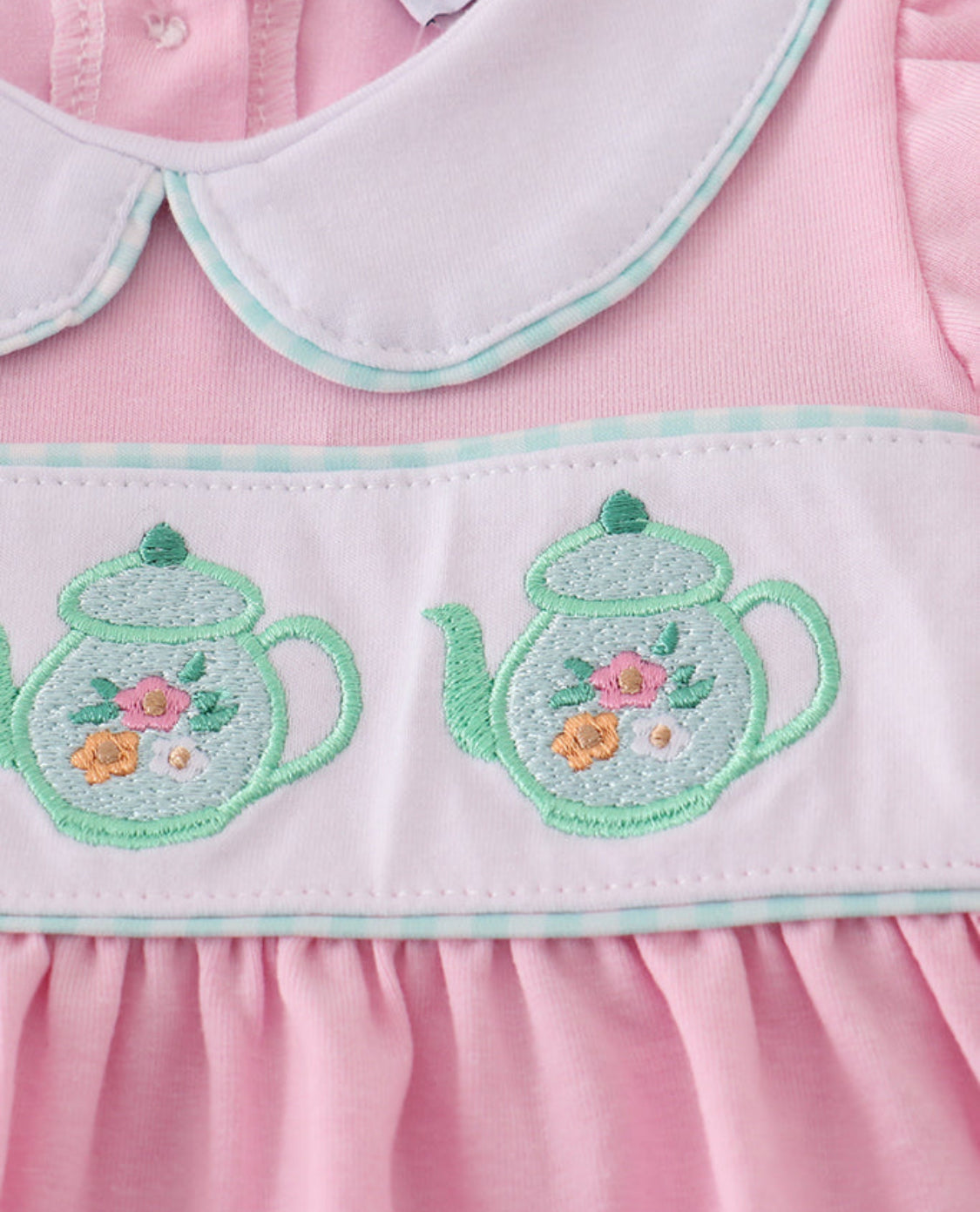 Pink Teapot Embroidery Puff Sleeve Girl’s Short Set