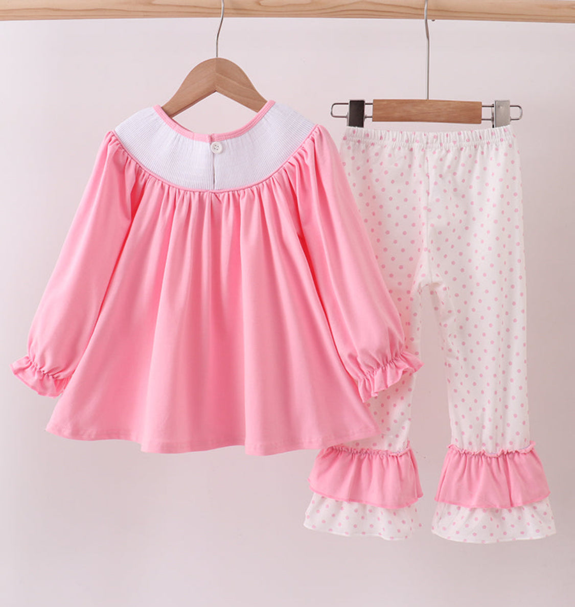 Pink Christmas Tree Smocked Ruffle Girl’s Pants Set