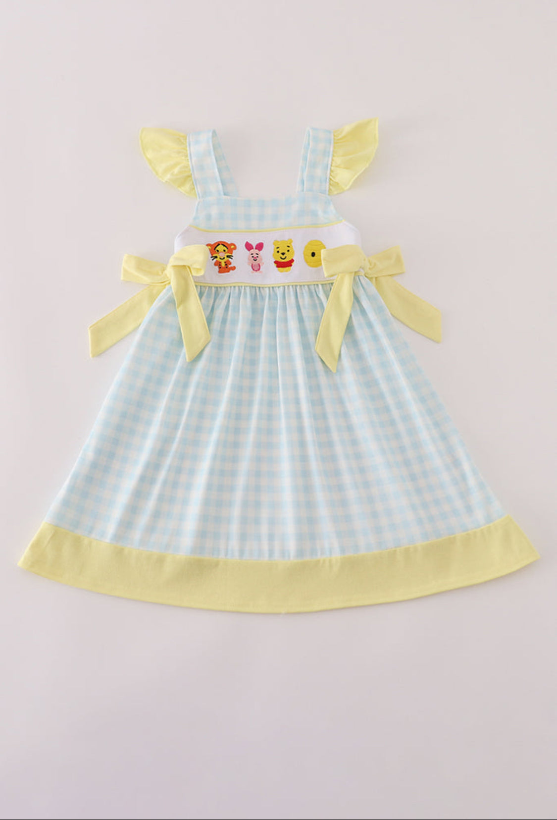 Blue Character Embroidery Gingham Ruffle Dress