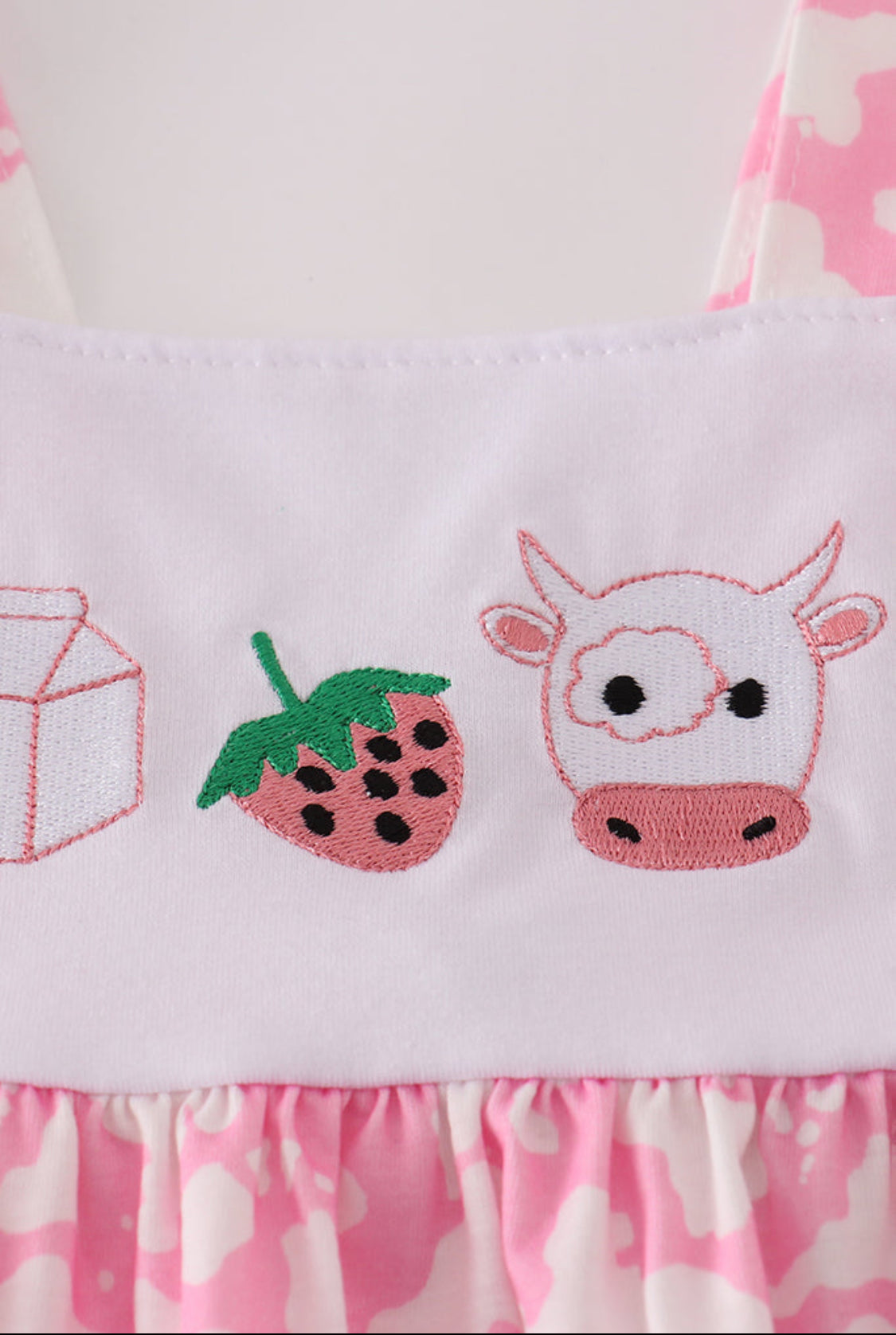 Pink Strawberry Milk Cow Embroidery Girl’s Ruffle Short Set